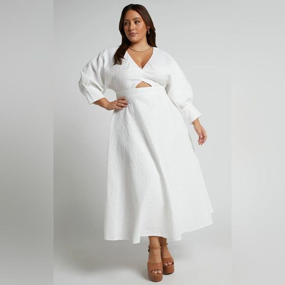 Showpo. Dresses & Skirts - ShowPo Ashtina Midi Dress-V Neck Cut Out Puff Sleeve Dress in White Size 16 NEW